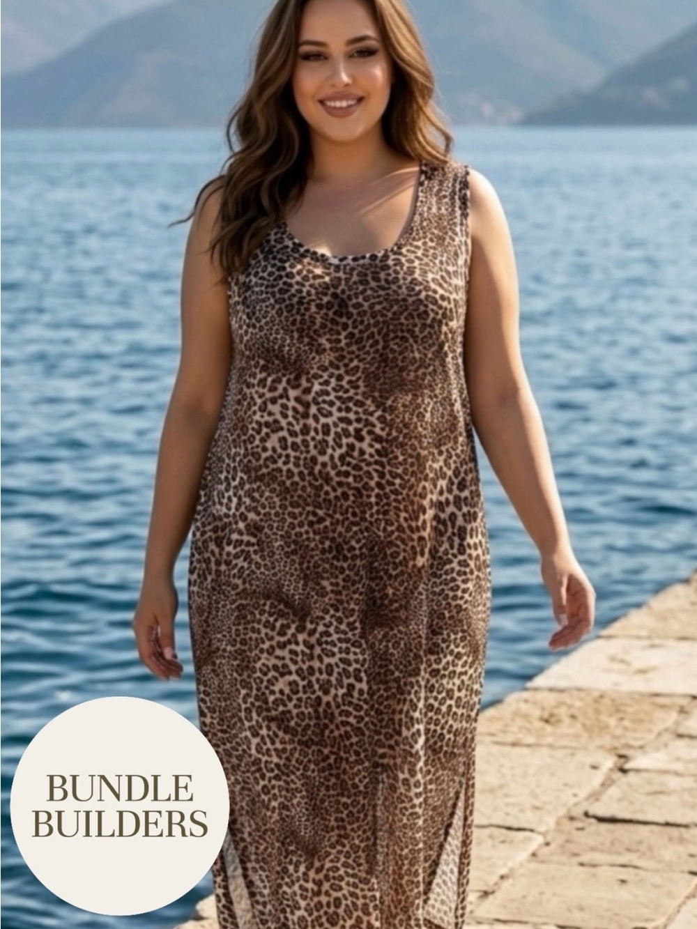 $10 Add-on | Plus Size Sleeveless Leopard Print Swim Coverup in Brown Tones